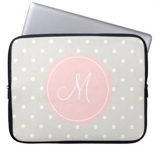 Light Grey Polka Dots Pink Custom Monogram Laptop Sleeve