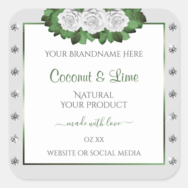 Light Grey Product Labels Green White Roses Jewels (Front)