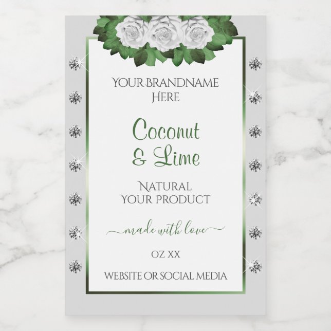 Light Grey Product Labels Green White Roses Jewels (Single Label)
