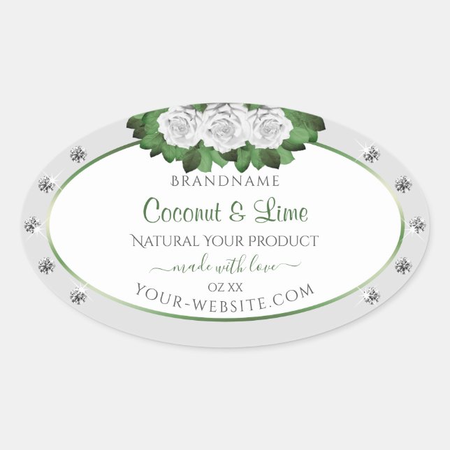 Light Grey Product Labels Green White Roses Jewels (Front)