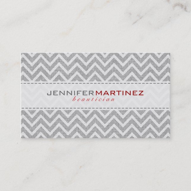 Light Grey Retro Chevron Pattern Linen Texture Business Card (Front)