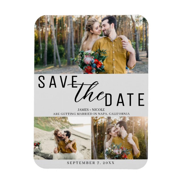 Light Grey Save the Date Wedding 3 Photos Magnet (Vertical)