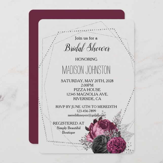 Light Grey Silver Burgundy Floral Bridal Shower Invitation (Front/Back)