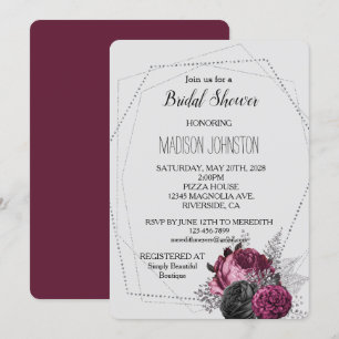 Light Grey Silver Burgundy Floral Bridal Shower Invitation