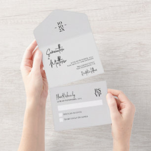 Light Grey Simple Rustic Minimalist Wedding All In One Invitation