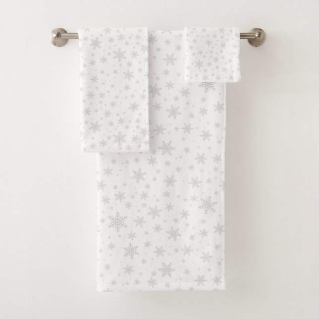 Light Grey Snowflakes on White Bath Towel Set (Insitu)