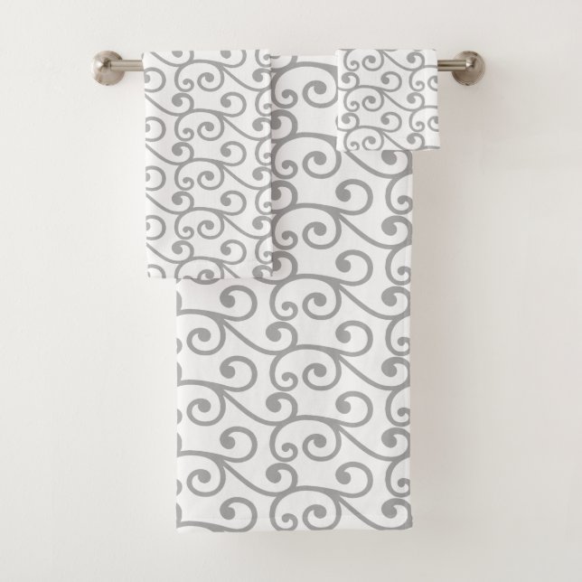 Light Grey Swirl Vector Pattern on White Bath Towel Set (Insitu)