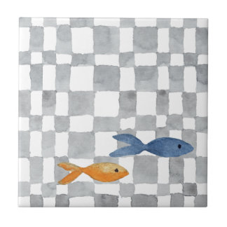 Light Grey Watercolour Checks Fish Ceramic Tile