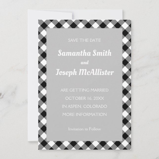 Light Grey White Black Buffalo Plaid Save the Date Invitation (Front)