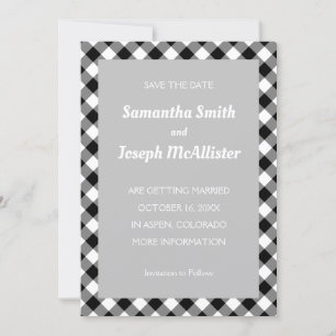 Light Grey White Black Buffalo Plaid Save the Date Invitation