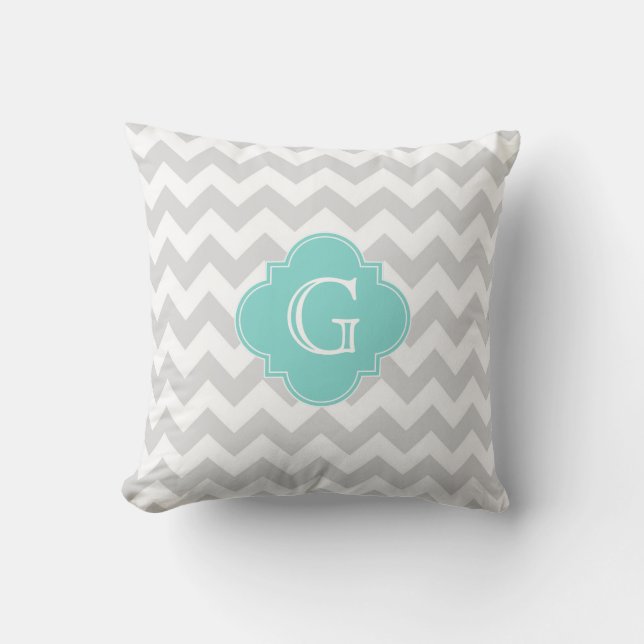 Light Grey White Chevron Aqua Quatrefoil Monogram Cushion (Front)