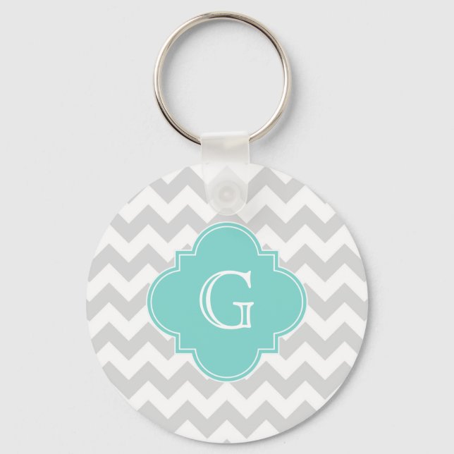 Light Grey White Chevron Aqua Quatrefoil Monogram Key Ring (Front)