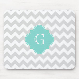 Light Grey White Chevron Aqua Quatrefoil Monogram Mouse Mat