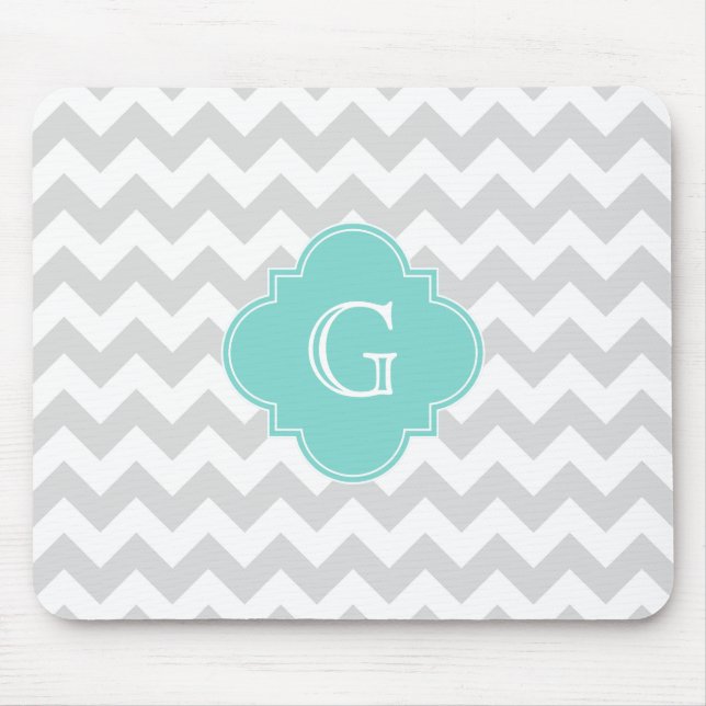 Light Grey White Chevron Aqua Quatrefoil Monogram Mouse Mat (Front)