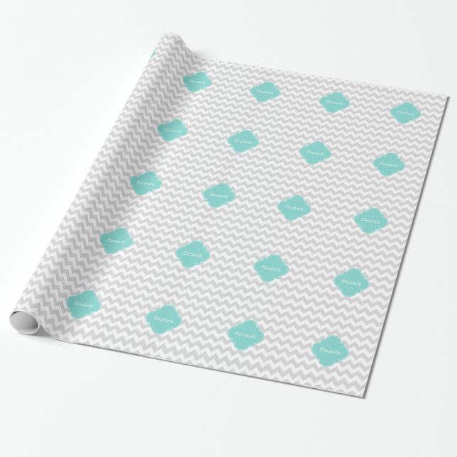Light Grey White Chevron Aqua Quatrefoil Monogram Wrapping Paper (Unrolled)