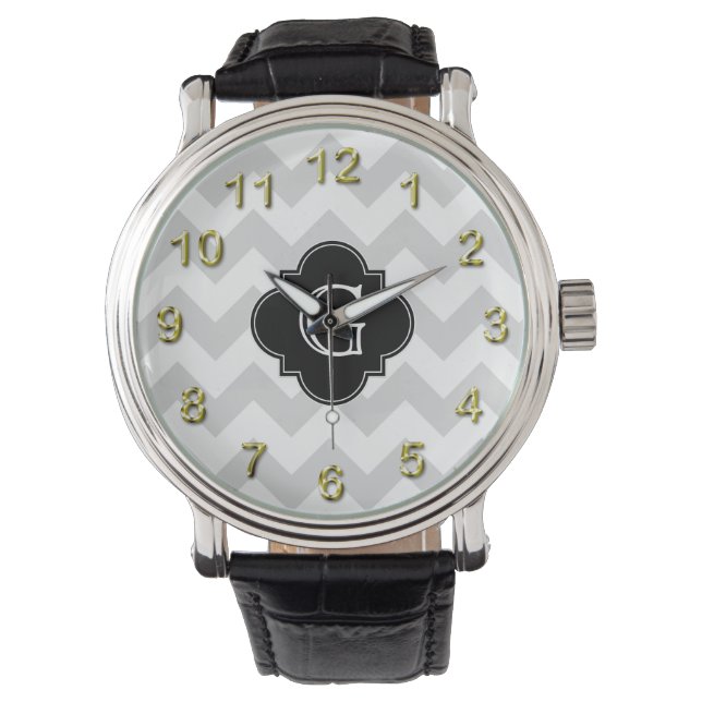 Light Grey White Chevron Black Quatrefoil Monogram Watch (Front)