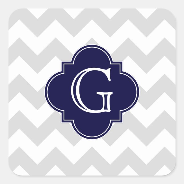 Light Grey White Chevron Navy Quatrefoil Monogram Square Sticker (Front)