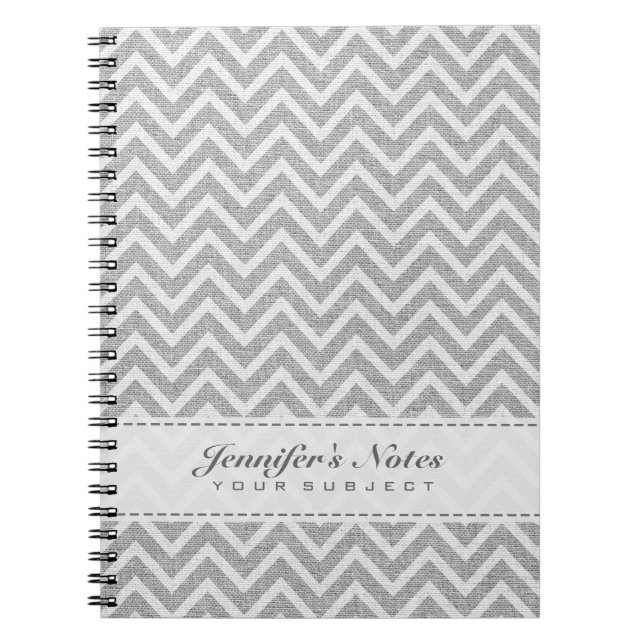Light Grey & White Chevron Pattern Linen Look Notebook (Front)