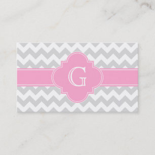 Light Grey White Chevron Pink Quatrefoil Monogram Business Card
