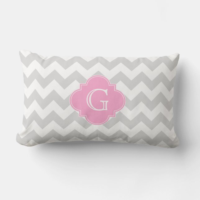 Light Grey White Chevron Pink Quatrefoil Monogram Lumbar Cushion (Front)
