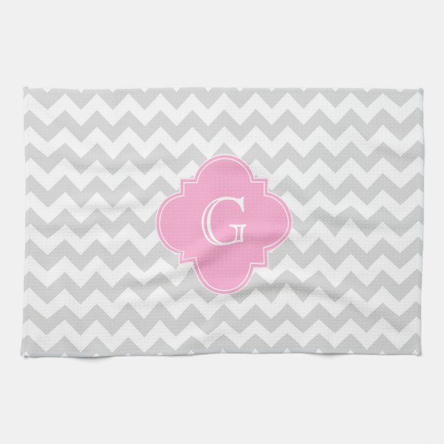 Light Grey White Chevron Pink Quatrefoil Monogram Tea Towel (Horizontal)