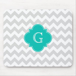 Light Grey White Chevron Teal Quatrefoil Monogram Mouse Mat