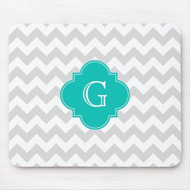 Light Grey White Chevron Teal Quatrefoil Monogram Mouse Mat (Front)