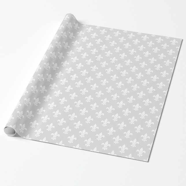 Light Grey White Fleur de Lis Pattern Wrapping Paper (Unrolled)