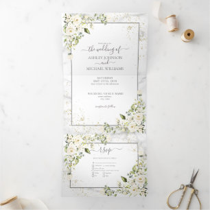 Light Grey White Floral Gold Marble Photo Wedding Tri-Fold Invitation