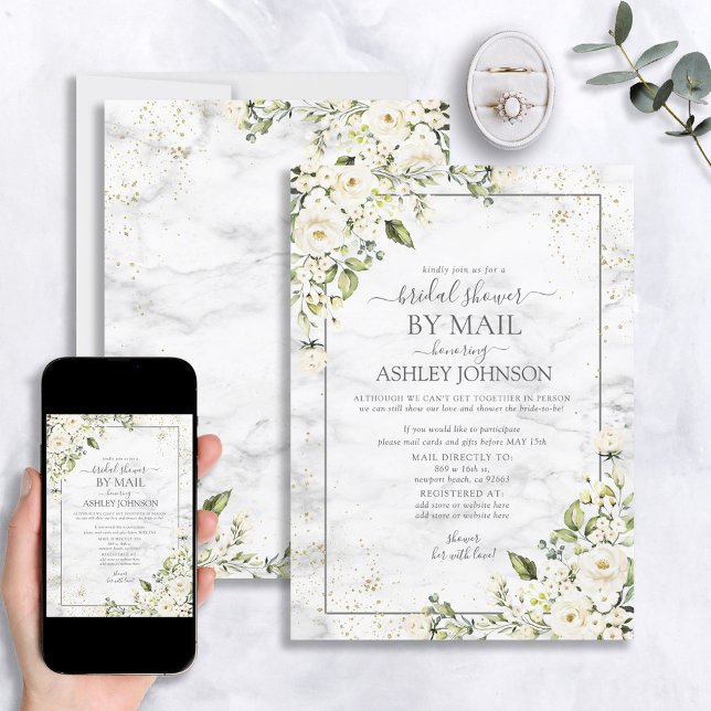 Light Grey White Floral Gold Marble Shower by Mail Invitation (Creator Uploaded)