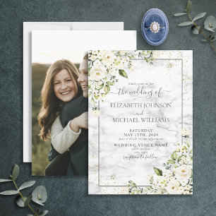 Light Grey White Floral Gold Script Photo Wedding Invitation