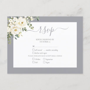 Light Grey White Floral Script Wedding RSVP Invitation Postcard
