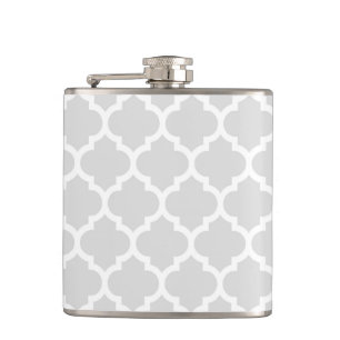 Light Grey White Moroccan Quatrefoil Pattern #5 Hip Flask