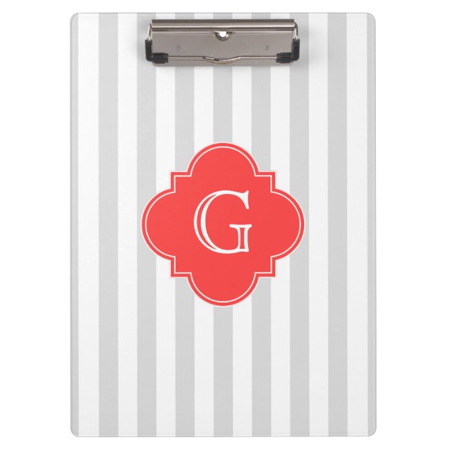 Light Grey White Stripes Coral Red Monogram Label Clipboard (Front)
