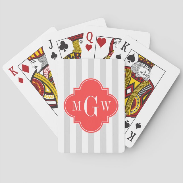 Light Grey White Stripes Coral Red Monogram Label Playing Cards (Back)