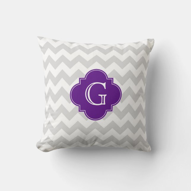 Light Grey Wht Chevron Purple Quatrefoil Monogram Cushion (Front)
