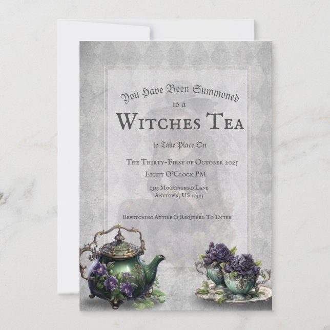 Light Grey Witches Tea Enchanting Brew Invitation (Front)