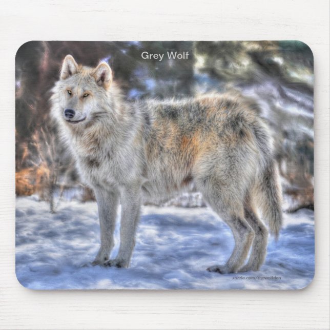 Light Grey Wolf & Winter Snow Mouse Mat (Front)