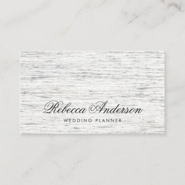 Light grey wood romantic script business card (Front)