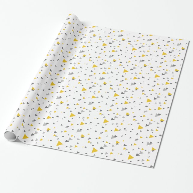 Light grey & yellow triangles geometric pattern wrapping paper (Unrolled)
