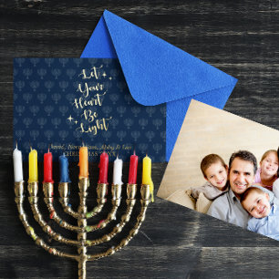 Light Heart Menorah Personalized Hanukkah Photo Foil Holiday Card