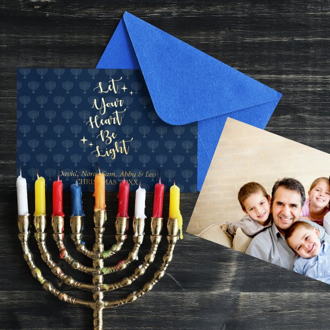 Light Heart Menorah Personalized Hanukkah Photo Foil Holiday Card (Creator Uploaded)