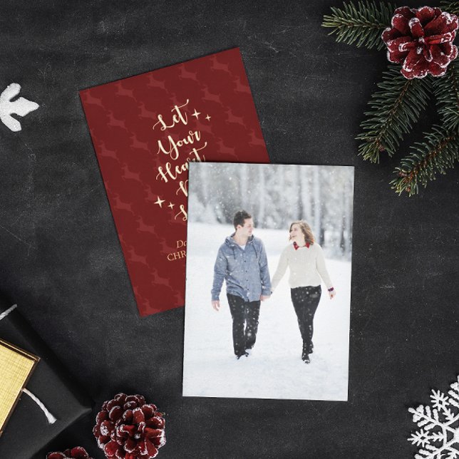 Light Heart Reindeer Personalised Christmas Photo Foil Holiday Card (Creator Uploaded)