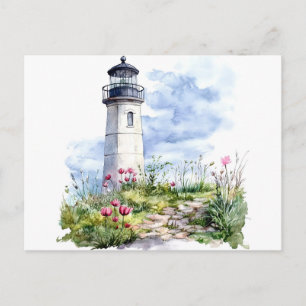 Light House in Spring Watercolor Postcard