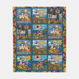 Light House Patch Work Quilted Pattern Fleece Blanket