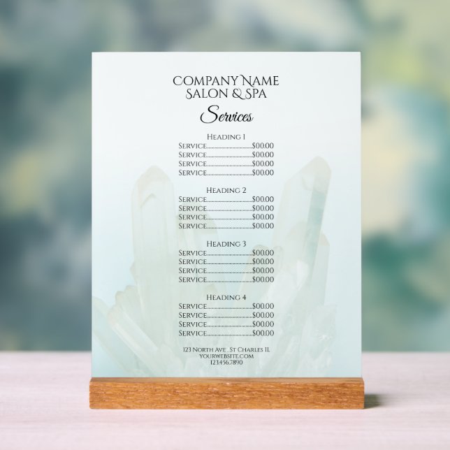 Light Ice Blue Crystals Salon Spa Services Menu Acrylic Sign (Neutral)