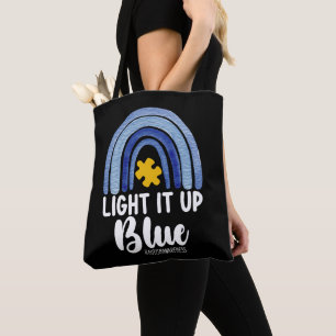 Light It Up Blue Rainbow Autism Awareness Family Tote Bag
