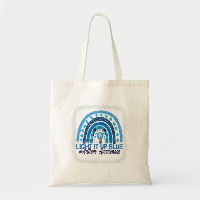 Light It Up Blue Rainbow Bleached Autism Awareness Tote Bag (Front)
