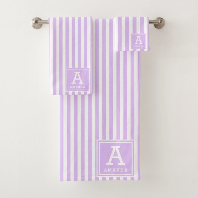 Light Lavender Cabana Stripes Monogrammed Initials Bath Towel Set (Insitu)