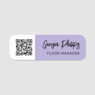 Light Lavender & White QR Code Brush Script Name Tag